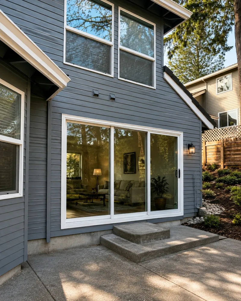 Wide sliding doors opening from a gray sided home onto a patio