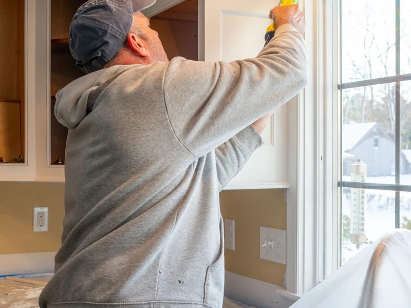 Tradesman running a bead of sealant around a window opening