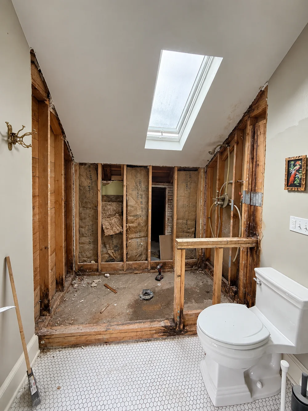 Bathroom shower opened to the studs under a skylight, with the framing stained by water, the insulation exposed and the drain open in the subfloor
