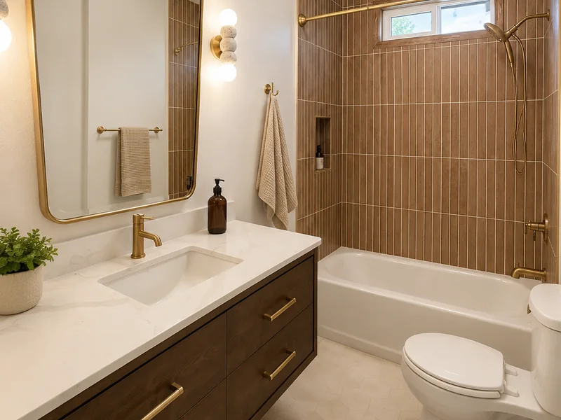 Finished bathroom with a floating walnut vanity, brass fixtures and vertical wood-look tile around the tub