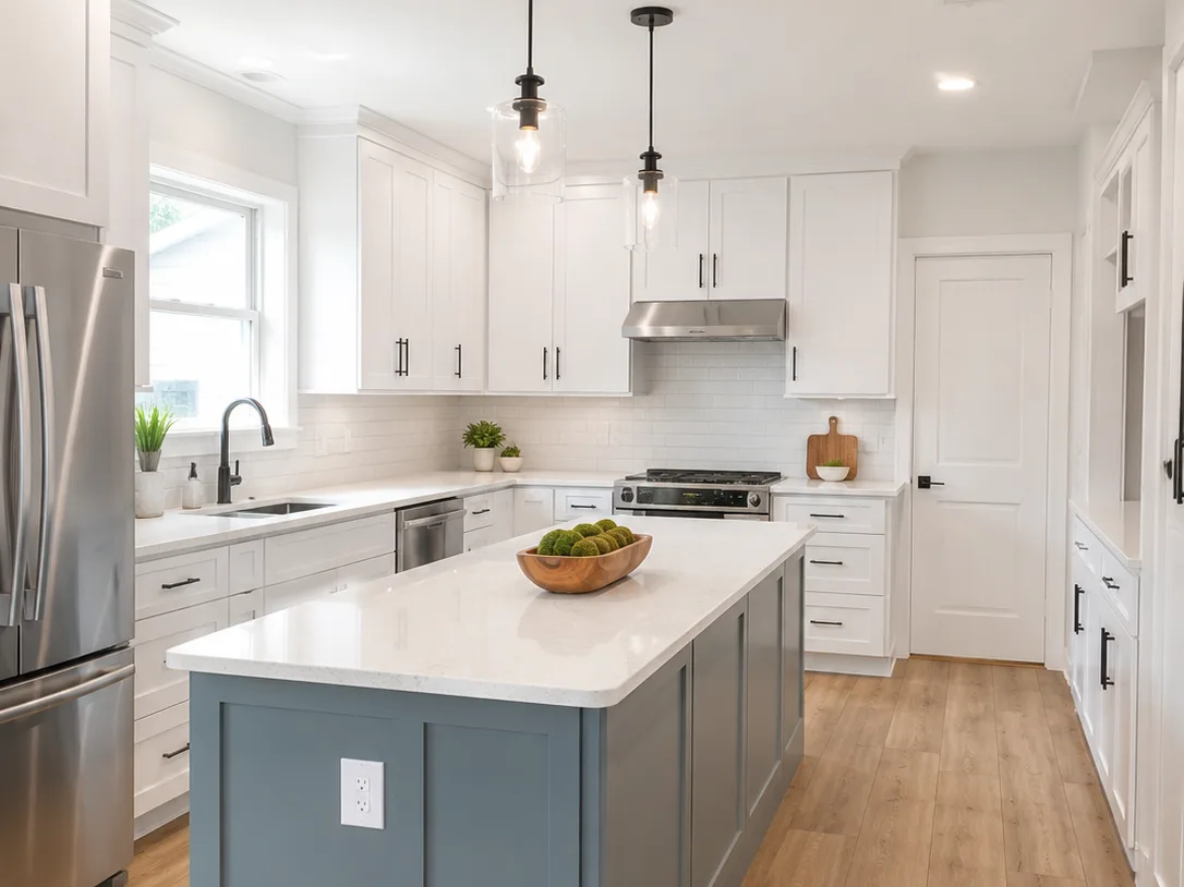 Remodeled kitchen with white shaker cabinets, a slate blue island with a white quartz top, two glass pendant lights, stainless appliances and wide plank wood-look flooring