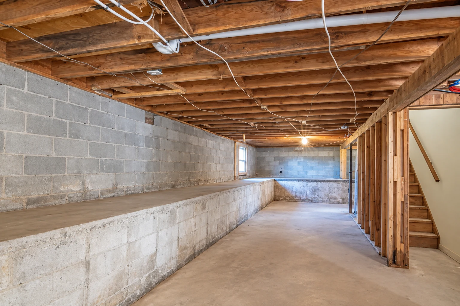 Unfinished basement with exposed floor joists, block walls and new stud framing during a structural repair