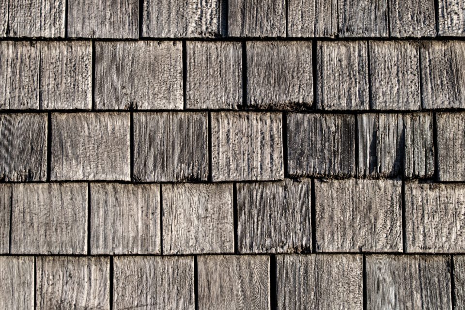 Weathered cedar shake siding on a home