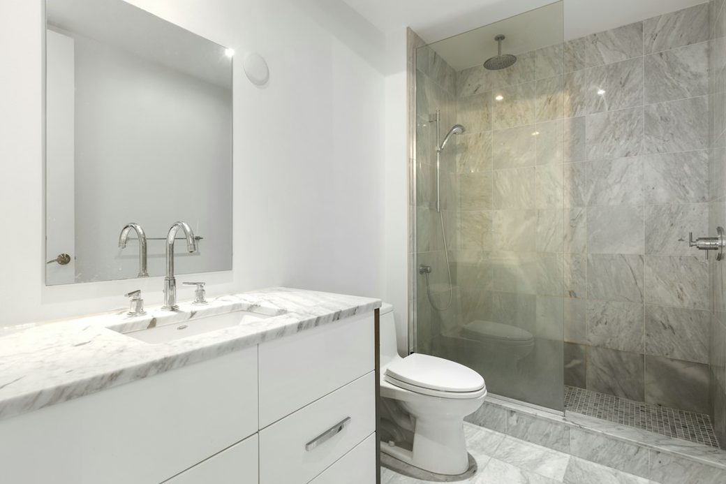 Glass-enclosed walk-in shower