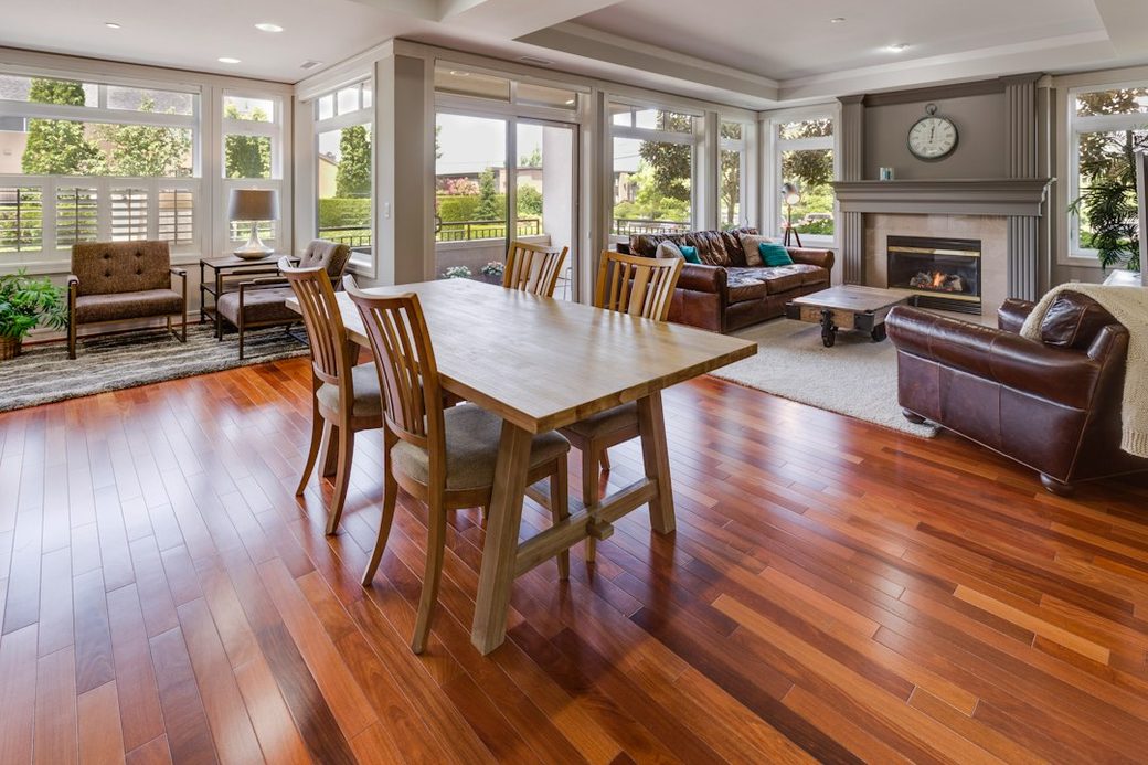 Wood floor in a living and dining room