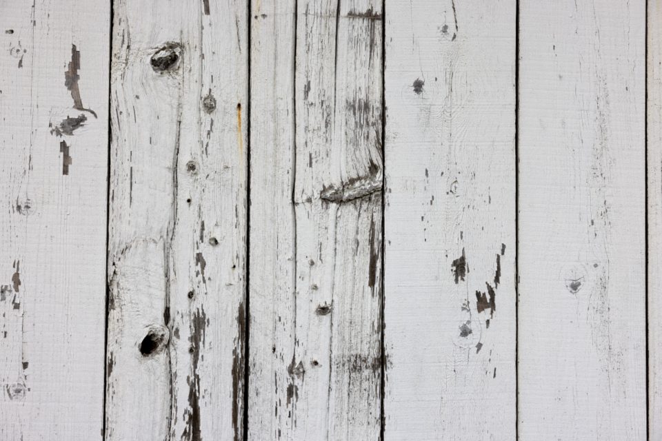 Weathered exterior wood with peeling paint and moisture damage