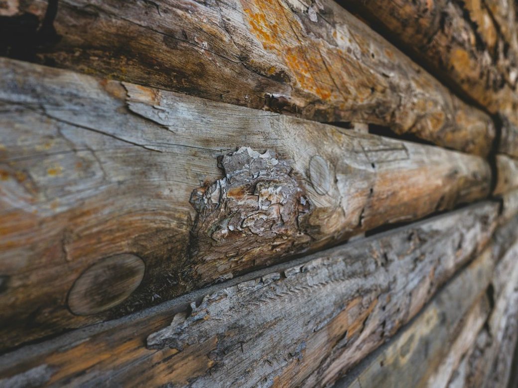 Closeup of weathered log wall corner joint